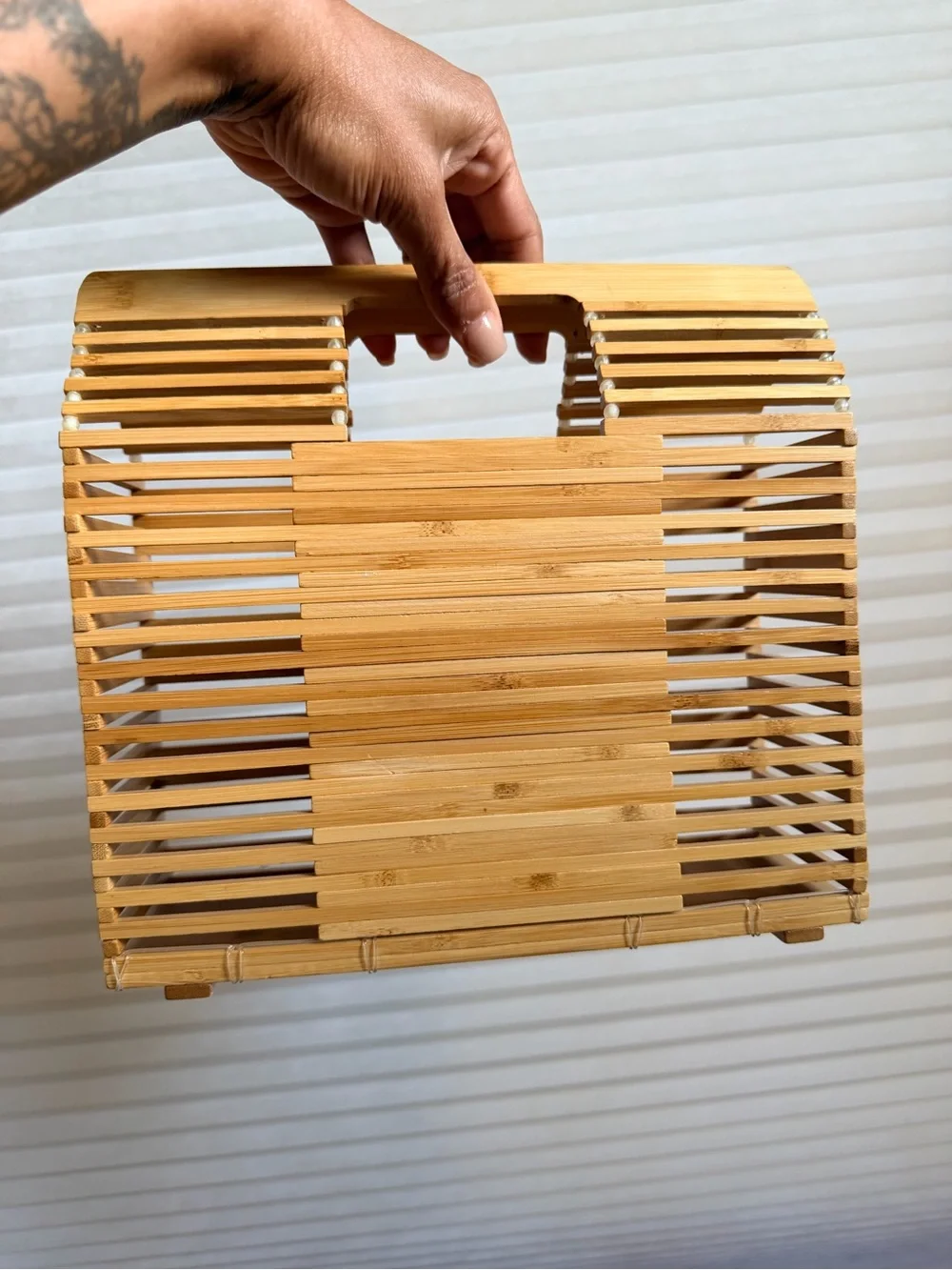 Natural Bamboo Architectural Top Handle Tote Coastal Minimalist Statement Purse